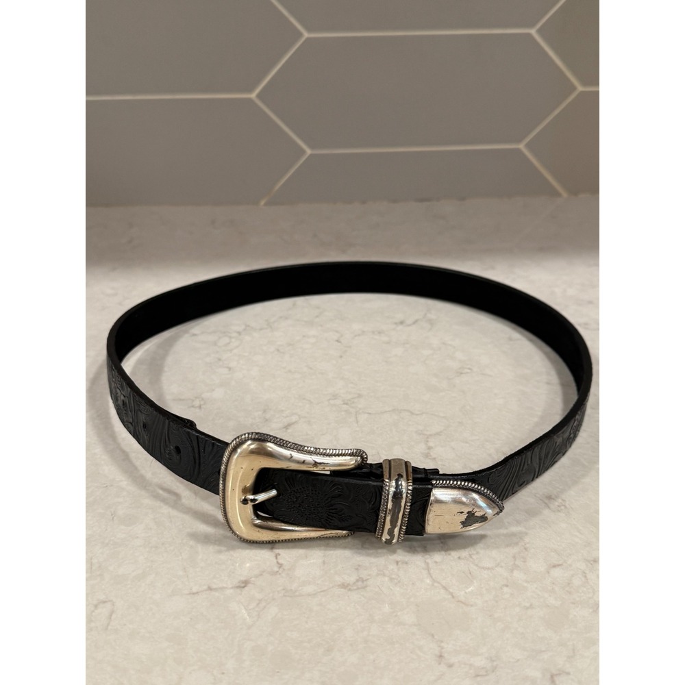 Black Genuine Leather Embossed Belt Silver Hardware Medium Western Tip